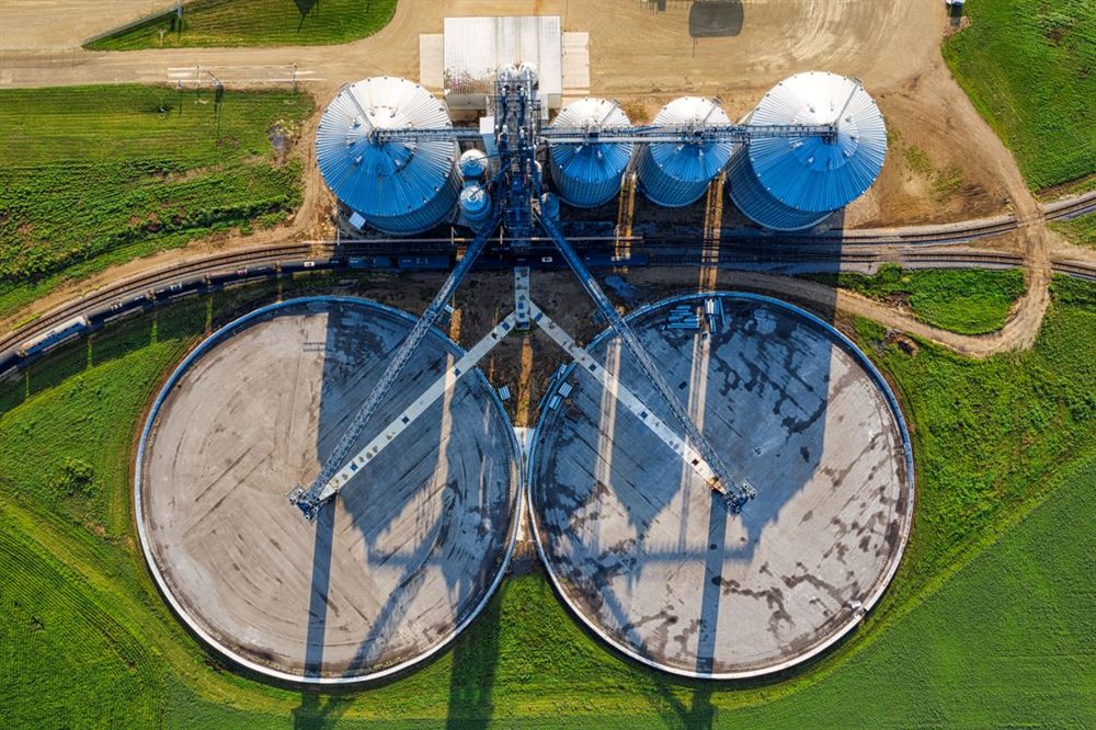 Aerial view of Argentine grain terminal with storage silos